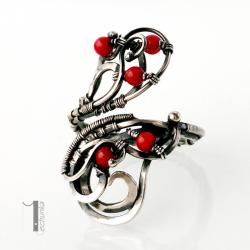pierścionek srebrny,wire wrapping,koral,925 - Pierścionki - Biżuteria