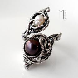 srebrny pierścionek,perły,czarne,wire wrapping - Pierścionki - Biżuteria