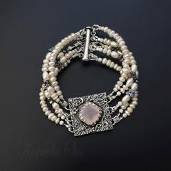 srebrna,bransoletka,z kwarcem,perłowa - Bransoletki - Biżuteria