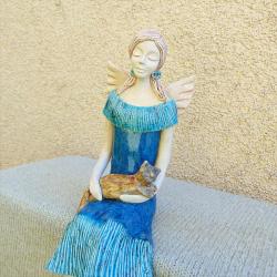 anioł,kot,siedząca,niebieska suknia - Ceramika i szkło - Wyposażenie wnętrz