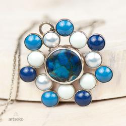 niebieski naszyjnik,rozeta,mandala srebrna,artseko - Naszyjniki - Biżuteria