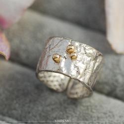 fakturowane srebro,szeroki pierścionek,złoto - Pierścionki - Biżuteria