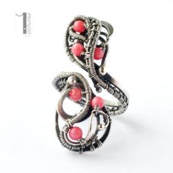 pierścień srebro,koral różowy,wire wrapping,925 - Pierścionki - Biżuteria