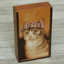 kot,pirografia,wypalanie na drewnie - Pudełka - Wyposażenie wnętrz