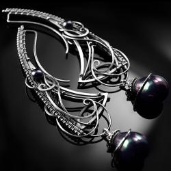 sebrne,kolczyki,wire-wrapping,czarne,perły,ciba - Kolczyki - Biżuteria