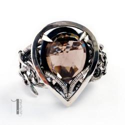 srebrny pierścionek,kwarc dymny,wire wrapping - Pierścionki - Biżuteria