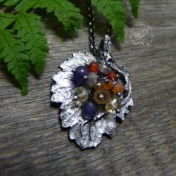 srebrny,kolorowy,srebrny liść,natura,organiczny - Naszyjniki - Biżuteria