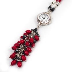 zegarek,zegarek wiszący,koral,hematyt,srebro - Naszyjniki - Biżuteria
