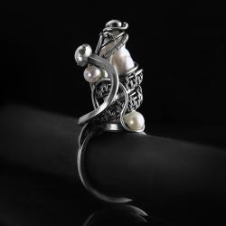 srebrny,pierścionek,wire-wrapping,perły,ciba,biały - Pierścionki - Biżuteria