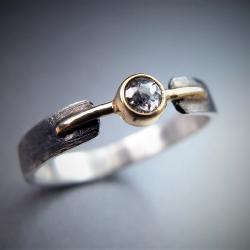 srebrno-złoty pierścionek z diamentem,salt pepper - Pierścionki - Biżuteria