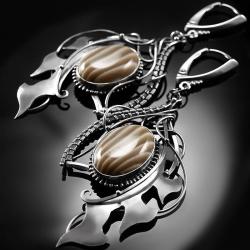 srebrne,kolczyki,wire-wrapping,krzemień,pasiasty - Kolczyki - Biżuteria
