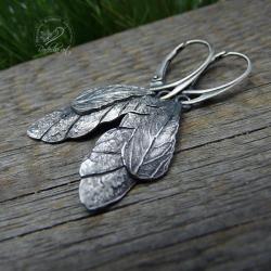 srebrne,oksydowane,surowe,liście,ważka,skrzydła - Kolczyki - Biżuteria