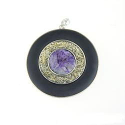 srebrny wisior,medalion,heban,czaroit - Wisiory - Biżuteria
