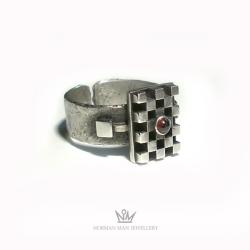 pierścień,srebro,szachownica - Pierścionki - Biżuteria