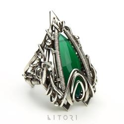 pierścionek,zielony,wire-wrapping,duży,litori - Pierścionki - Biżuteria