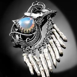 srebrna,broszka,wire-wrapping,ptak,perły,opal - Broszki - Biżuteria