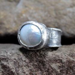 surowa perła,perła naturalna,srebrny pierścionek - Pierścionki - Biżuteria