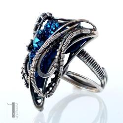 srebrny pierścionek,kwarc tytanowy,niebieski, - Pierścionki - Biżuteria