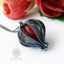 srebrny wisior z czerwonym koralem,alabama studio - Wisiory - Biżuteria