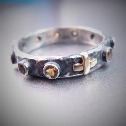 srebrno-złoty pierścionek różaniec,cytrynowy - Pierścionki - Biżuteria