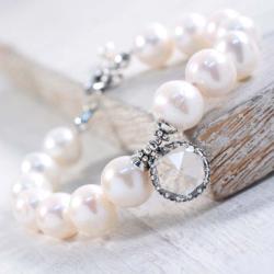 Srebrna bransoletka z perłami i kryształem - Bransoletki - Biżuteria