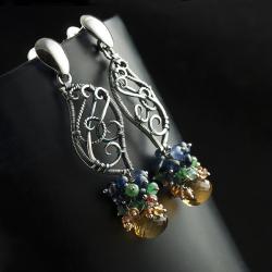 wire-wrapping,szafiry,smaragdy,kolczyki,piękne - Kolczyki - Biżuteria