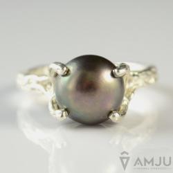 perła,czarny,srebrny,delikatny,organiczny - Pierścionki - Biżuteria