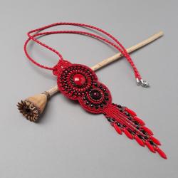 naszyjnik,czerwony,haft,z frędzlami,jaskrawy - Naszyjniki - Biżuteria