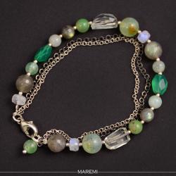 bransoletka,zieleń,łańcuszki,srebrna,onyks zielony - Bransoletki - Biżuteria