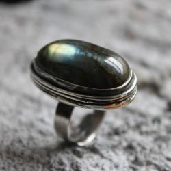 pierścionek srebro labradoryt złoto klasyka oksyda - Pierścionki - Biżuteria