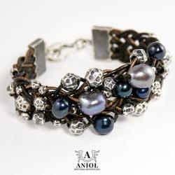 bransoleta skórzana,biżuteria srebrna z perłami - Bransoletki - Biżuteria