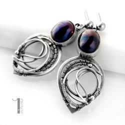 srebrne kolczyki,sztyfty,perły,wire wrapping - Kolczyki - Biżuteria