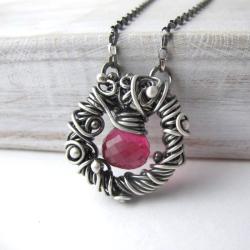 Różowy kwarc,srebrny naszyjnik,wire wrapping - Naszyjniki - Biżuteria
