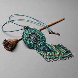 naszyjnik,haft koralikowy,turkusowy,z frędzlami - Naszyjniki - Biżuteria