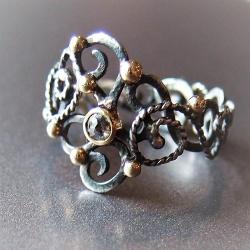 srebrno złoty pierścionek,pierścionek z diamentem - Pierścionki - Biżuteria
