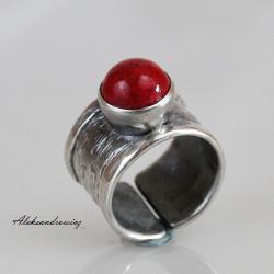 srebrny pierścień z koralem - Pierścionki - Biżuteria