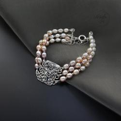 srebrna,bransoletka,z perłami,srebrne róże - Bransoletki - Biżuteria
