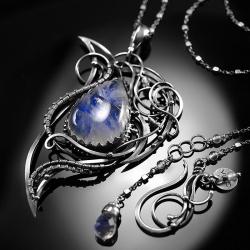 srebrny,naszyjnik,kamień księżycowy,wire-wrapping - Naszyjniki - Biżuteria