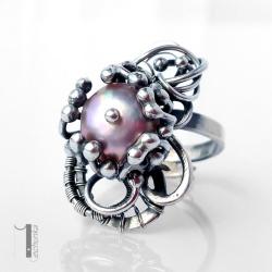 pierścionek srebrny,wire wrapping,perły,925 - Pierścionki - Biżuteria