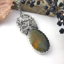 Srebrny naszyjnik z mszystym agatem,wire wrapping - Naszyjniki - Biżuteria