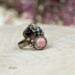 pierścionek z kwiatami,srebrny,obsydian - Pierścionki - Biżuteria