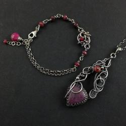 komplet,rubin,srebrny,biżuteria,wire-wrapping - Komplety - Biżuteria