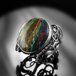 srebrny,pierścień,wire-wrapping,rainbow,calsilica - Pierścionki - Biżuteria
