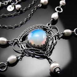 srebrna,kolia,wire-wrapping,perły,opalit,ciba - Naszyjniki - Biżuteria