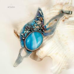 naszyjnik srebrny,kwiaty,niebieski agat - Wisiory - Biżuteria
