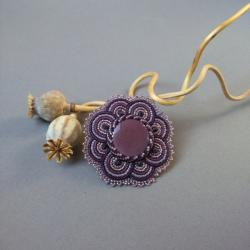 broszka,fioletowa,haft koralikowy,kwiat, - Broszki - Biżuteria