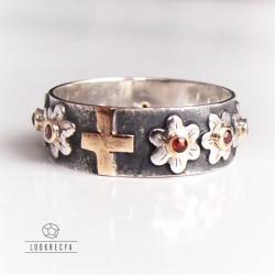 srebro,pierścionek,obrączka,różaniec,granat - Pierścionki - Biżuteria