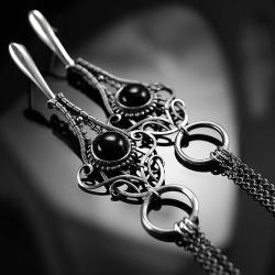 srebrne,kolczyki,onyks,wire-wrapping,czarny,ciba - Kolczyki - Biżuteria