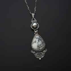 srebrny,naszyjnik,z opalem dendrytowym,z perłą - Wisiory - Biżuteria