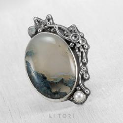 litori,handmade,pierścionek,agat,perła,srebro - Pierścionki - Biżuteria
